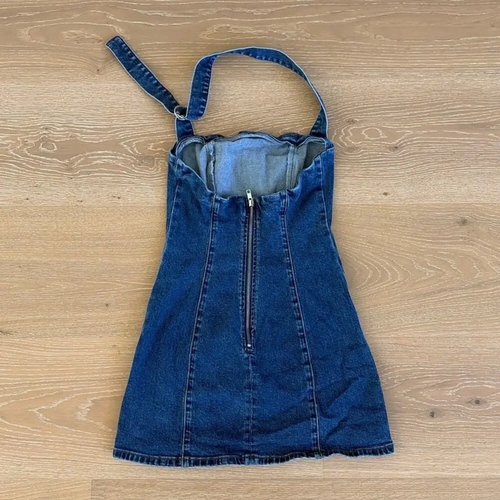 Showpo Denim Mini Dress Halter Neck Peggy Size US 4 Blue - Picture 3 of 7